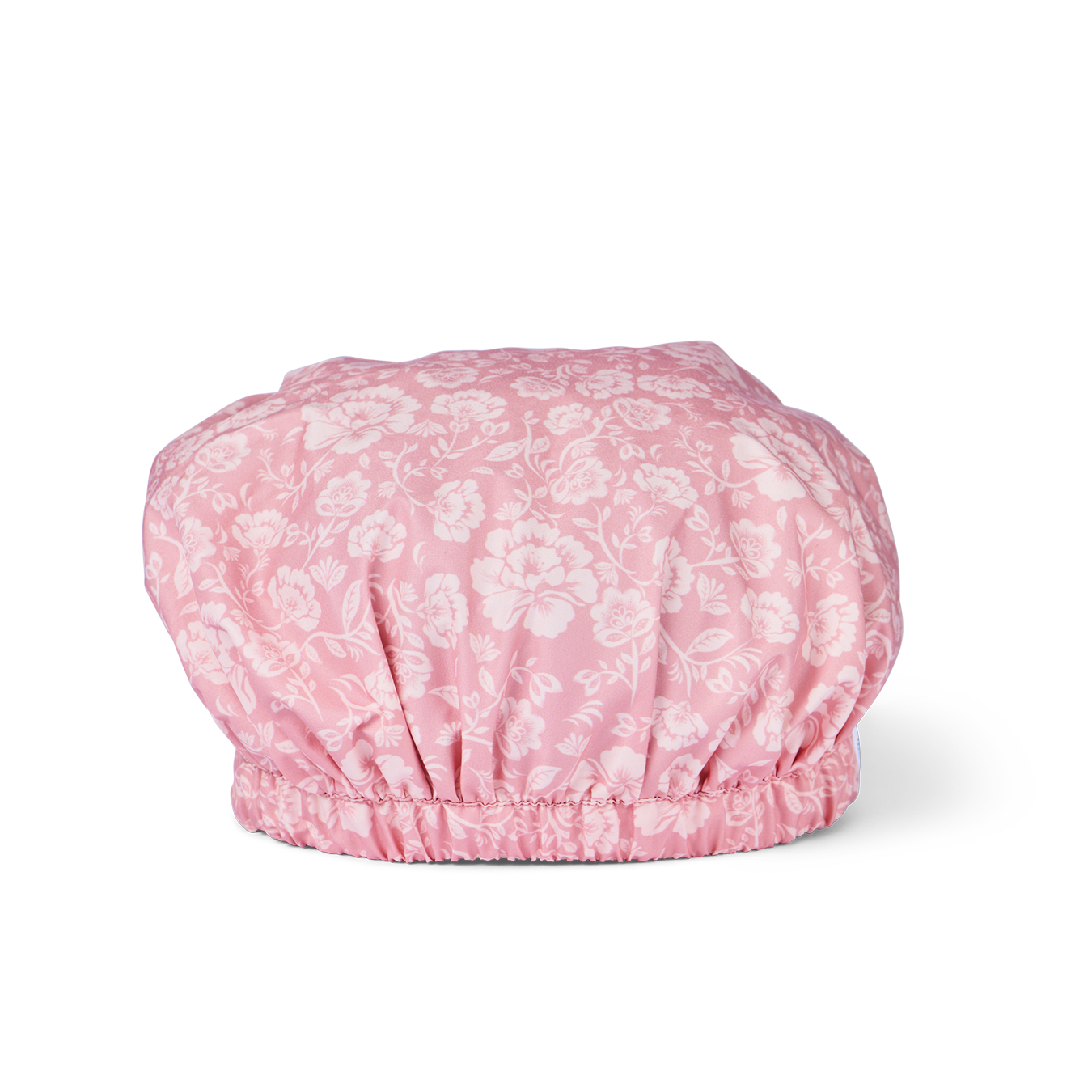Pink floral-patterned shower cap on a white background