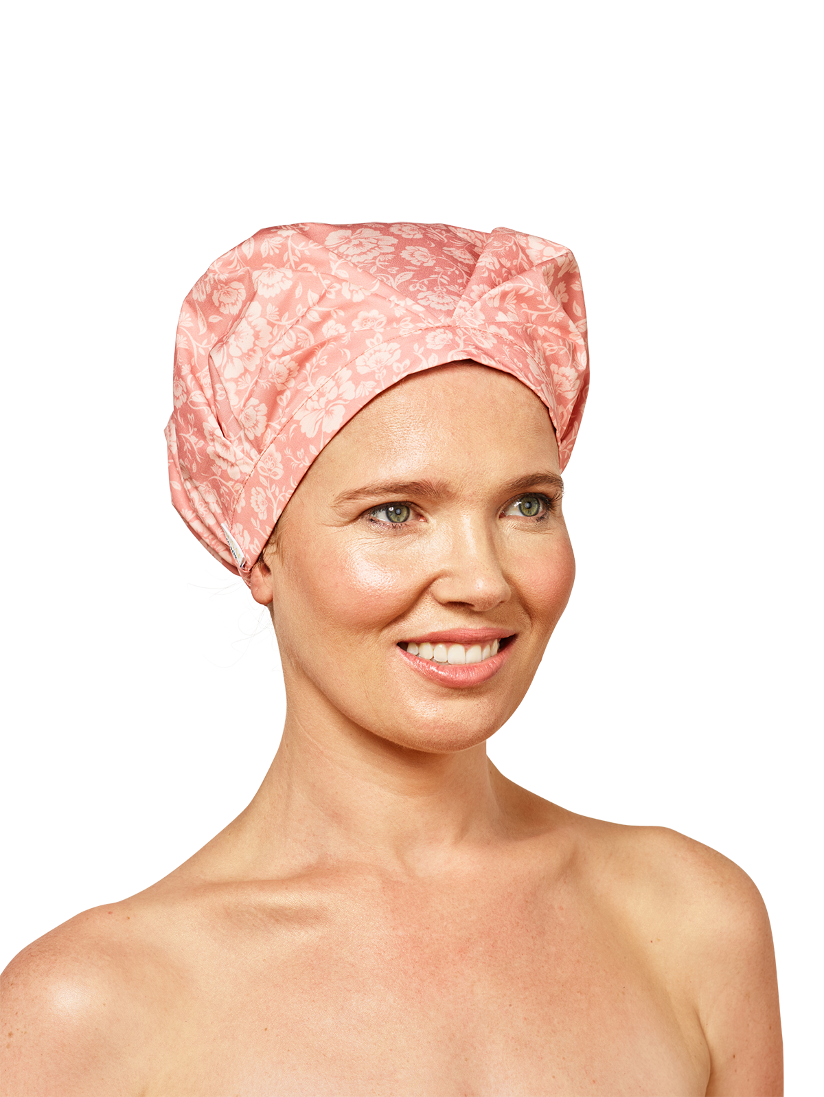 woman model looking to the right wearing musae mane shower cap in pink blossom print on a white background