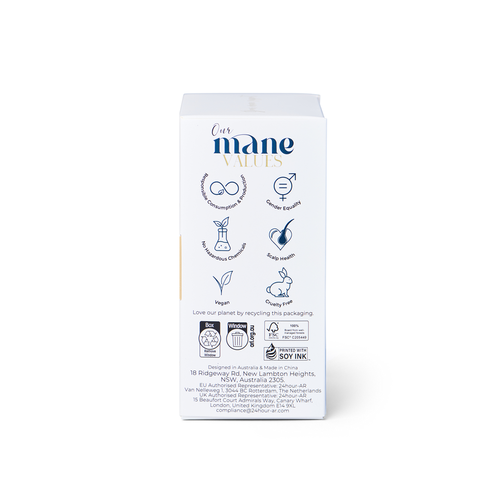 Musae Mane packaging, left side with branding and sustainability information on a white background