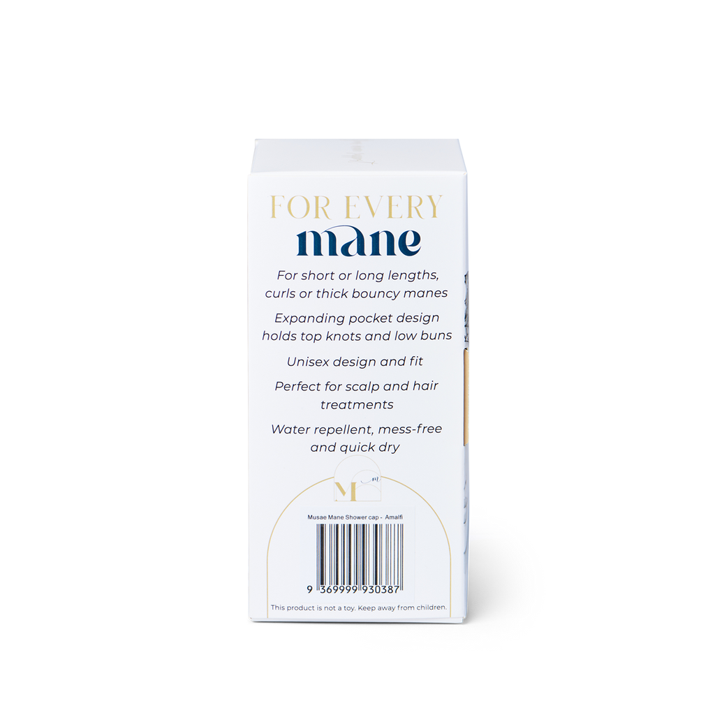 musae mane shower cap product packaging side view with product benefits and barcode