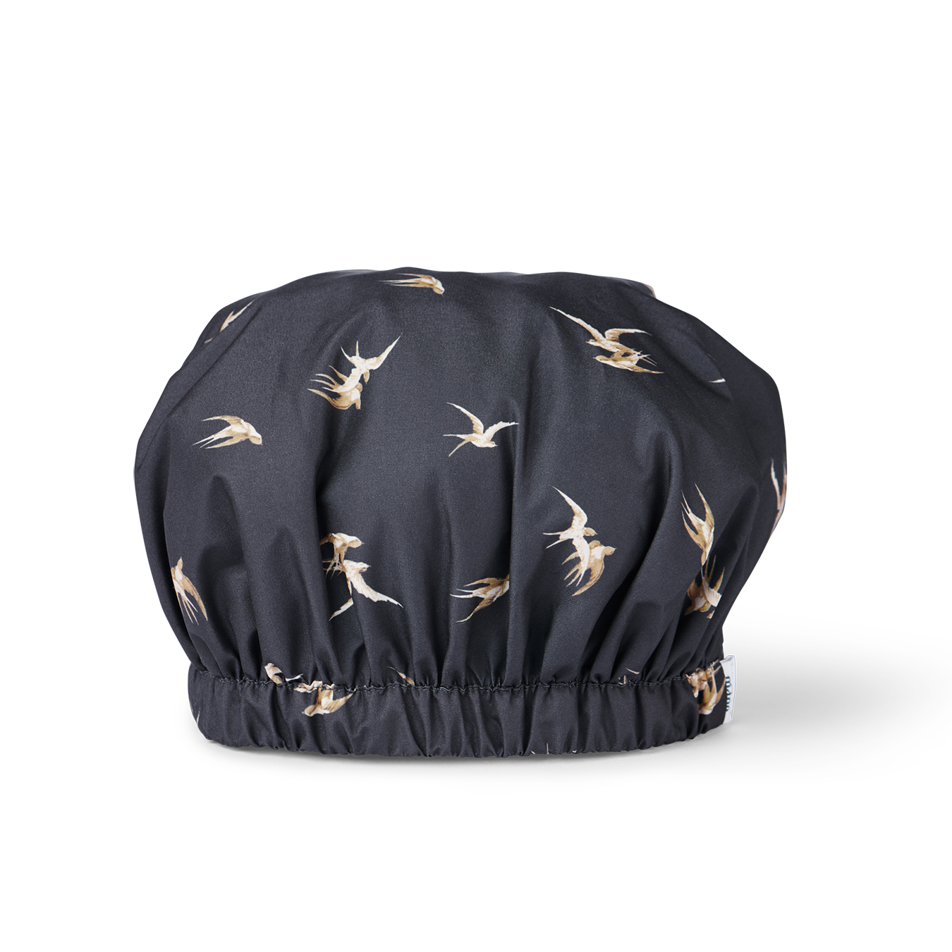 Black shower cap with bird pattern on a white background