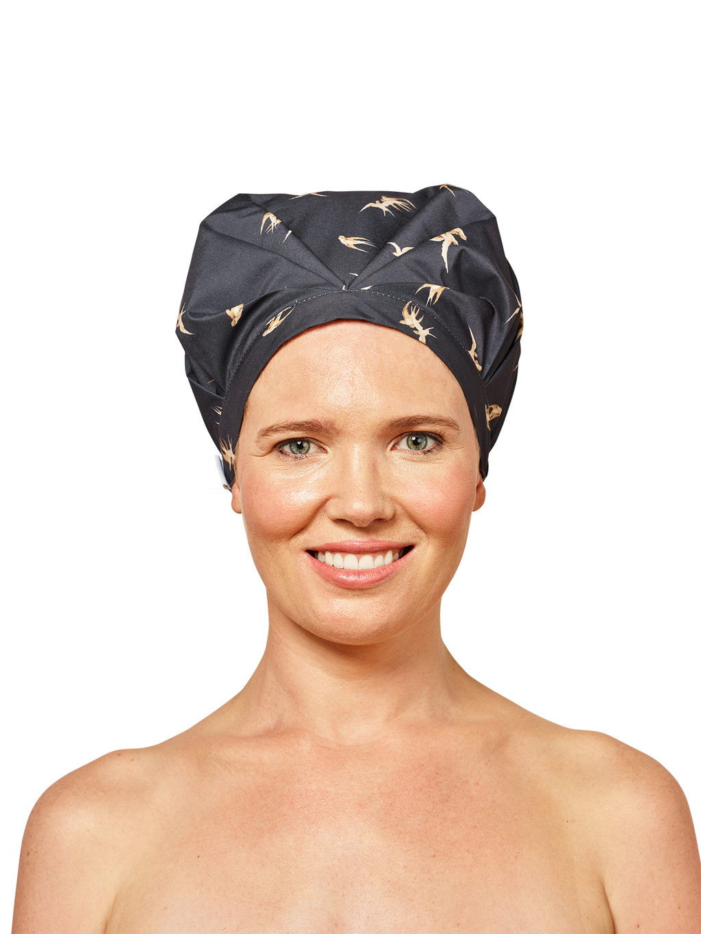 woman model wearing a black musae mane shower cap in songbird print on a white background