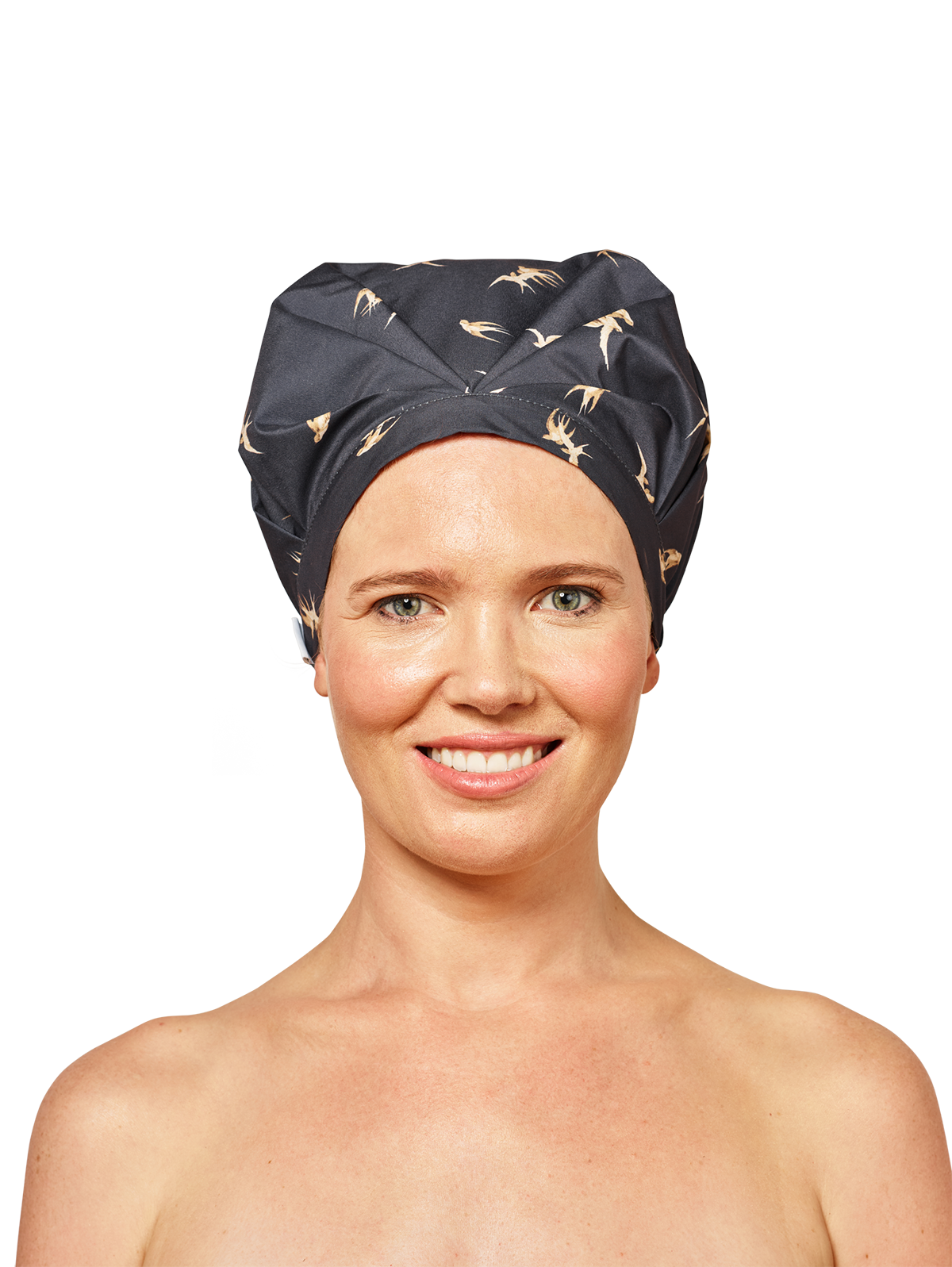 woman model wearing a black musae mane shower cap in songbird print on a white background