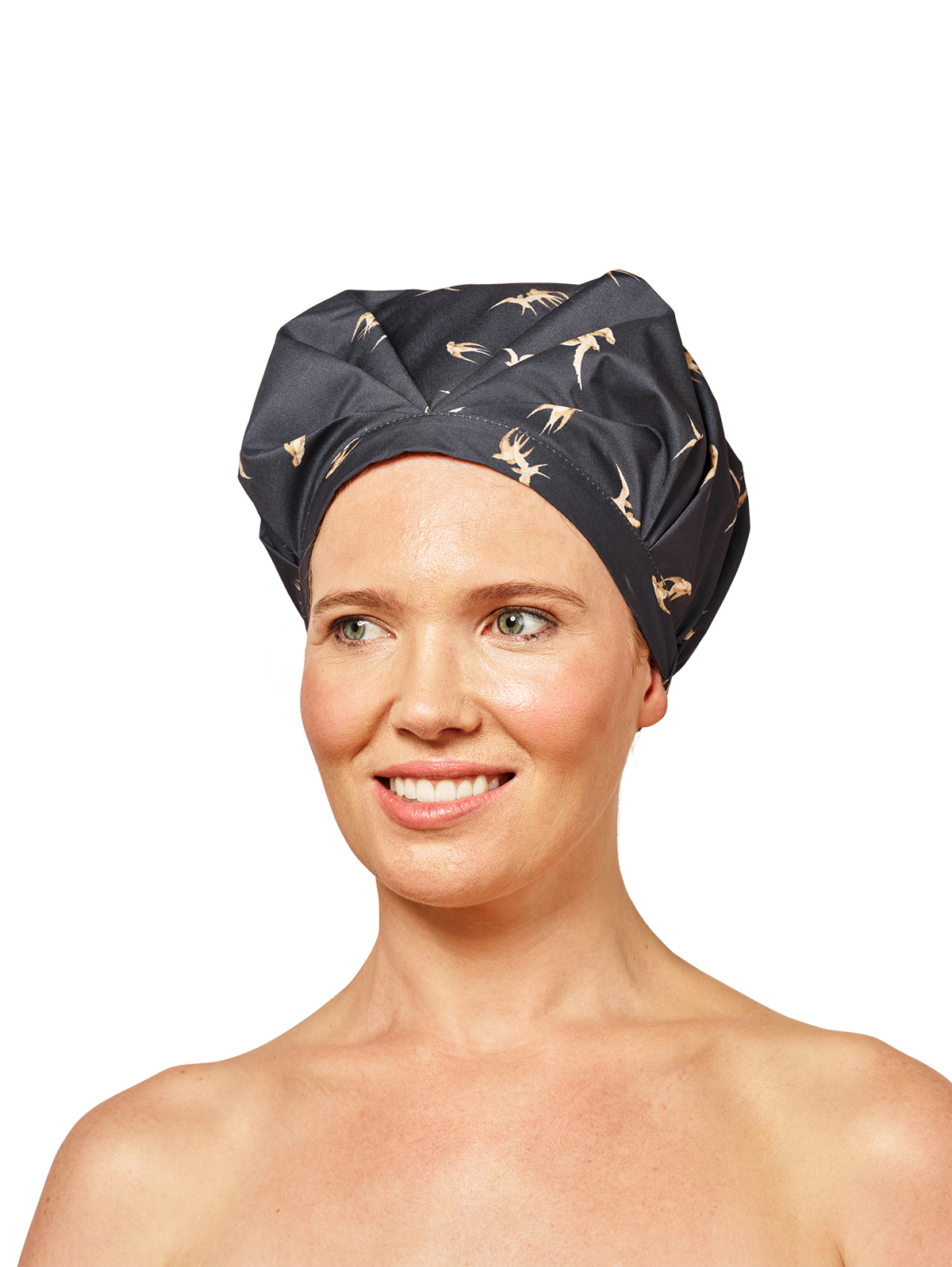 female model looking to the left wearing musae mane shower cap in black songbird print on a white background