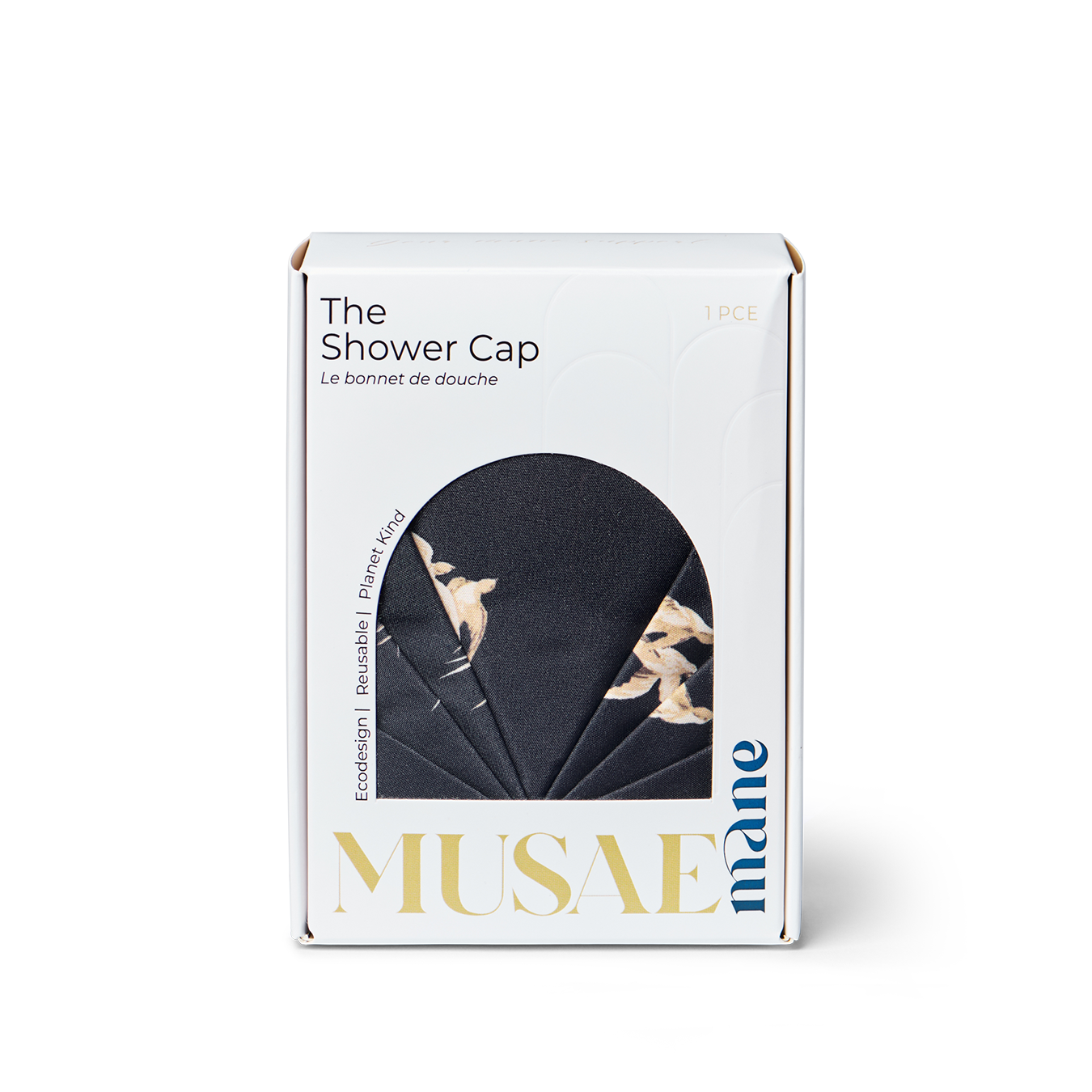 Box of Musae Mane shower cap in Songbird print on a white background