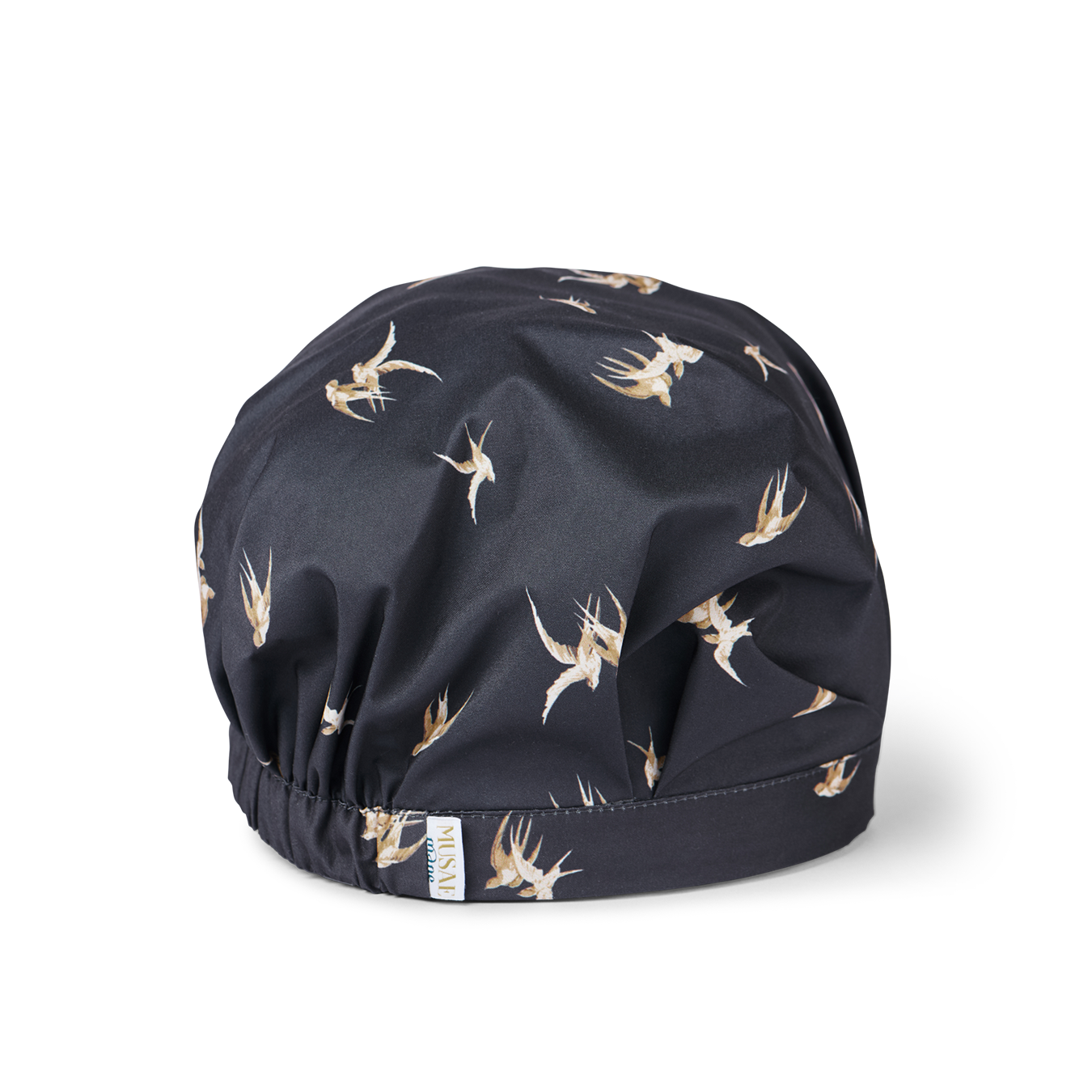 musae mane shower cap in songbird print- black with sparrow bird pattern. 