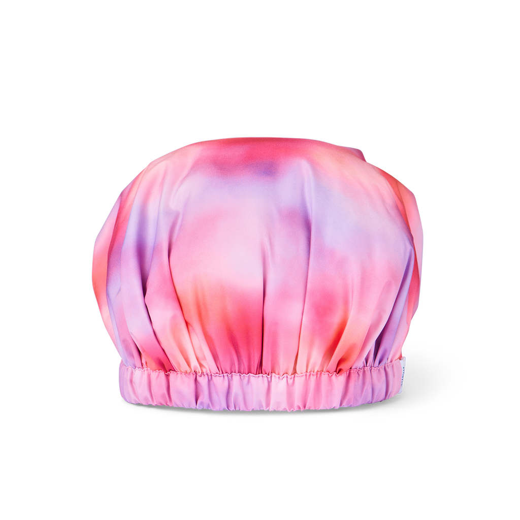 Back view of Musae Mane Shower Cap in Sunset print
