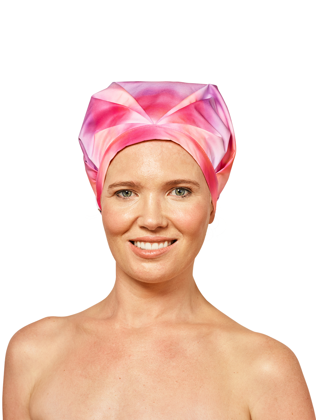 female model wearing musae mane shower cap in pink sunset print on a white background