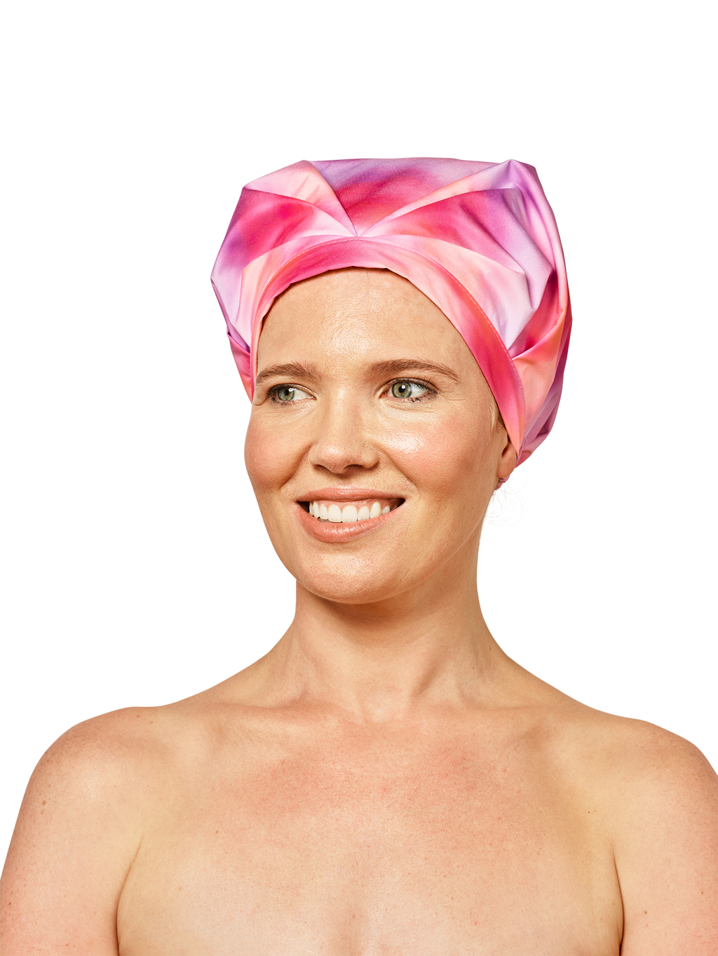 model looking to the left wearing musae mane shower cap in sunset print on a white background