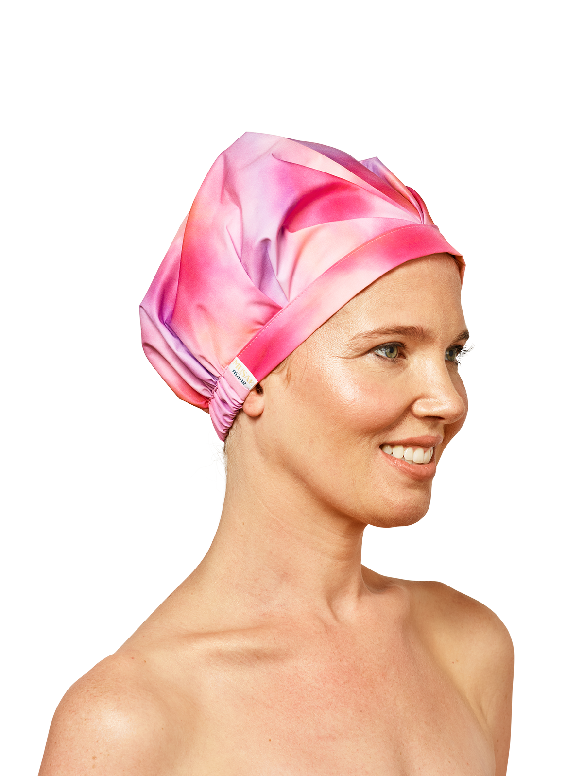 model looking to the right wearing musae mane shower cap in sunset print on a white background