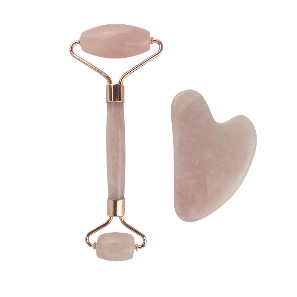 rose quartz crystal facial roller and gua sha set